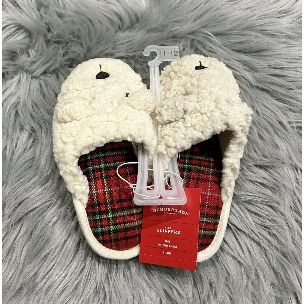 Kid's Lil Bear Red Plaid Scuff Slippers Size 11-12‎